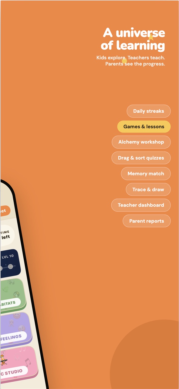 Sortify’s App Store preview showing learning activities and features alongside the game selection screen.