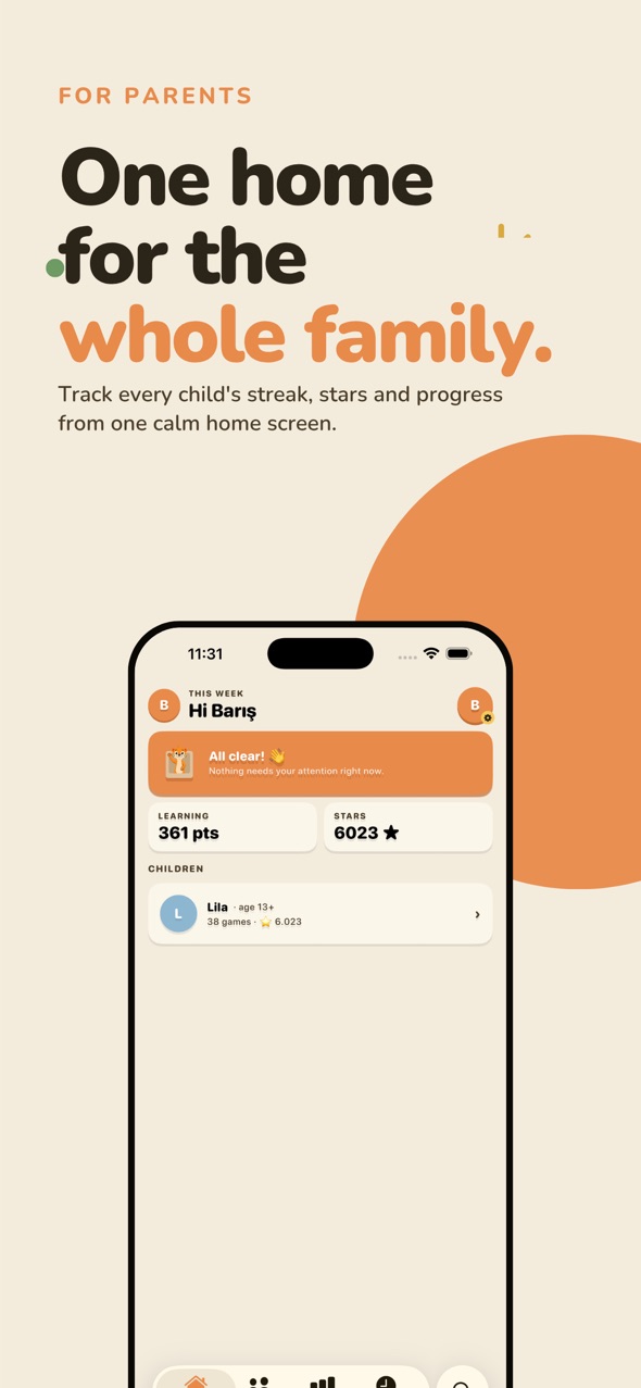 Sortify’s parent dashboard showing a child’s stars, play time and recent progress.